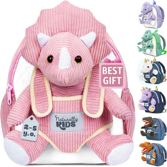 "Roaringly Cute Pink Triceratops Dinosaur Toy and Backpack Set - Perfect for Dino-Loving Girls Ages 3-5!"